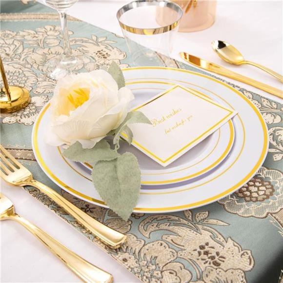 350 Pieces Gold Plastic Plates with Disposable Silverware and Cups - Picture 4 of 7